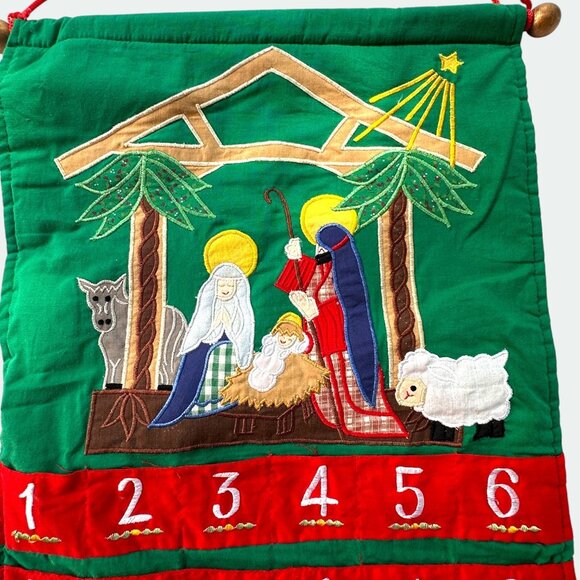 Vintage Nativity Scene Fabric Advent Calendar With Pockets & Red Hanging Cord - Picture 2 of 9